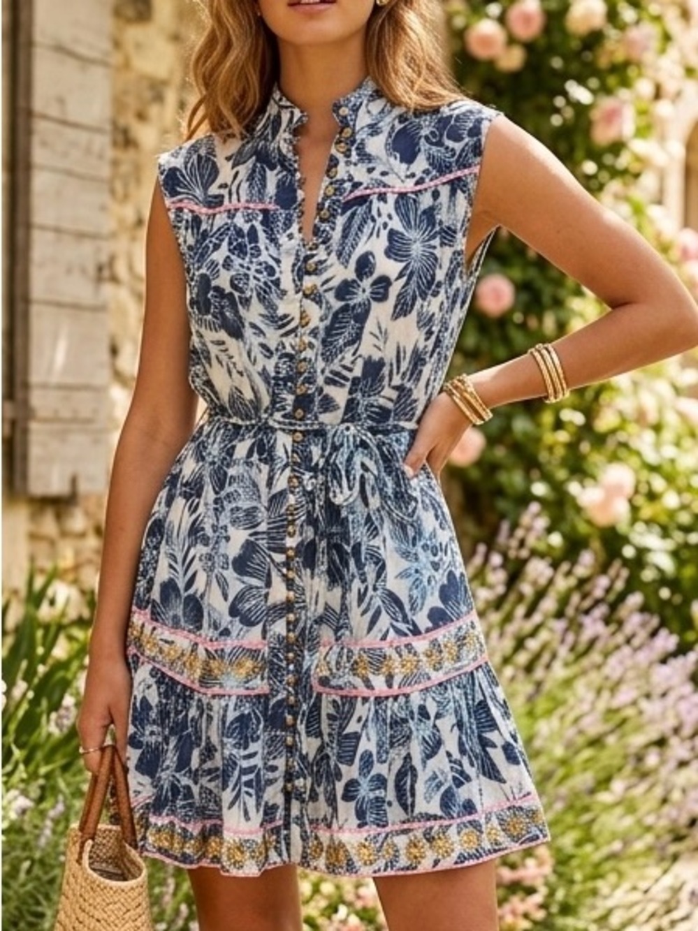 Miss June CASSIE Sleeveless Blue Floral Tie-Waist Mini Dress Trim size XL